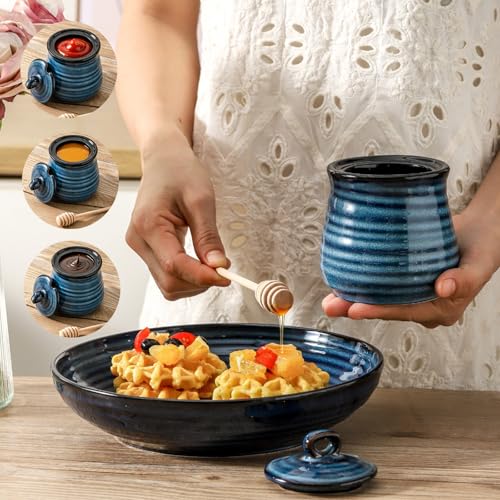 Blue Ceramic Honey Jar with Wooden Dipper Set - 12oz Kitchen Decor