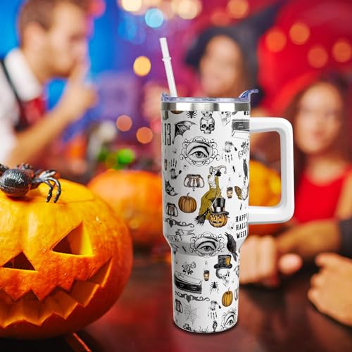 White 40 oz Halloween Tumbler with Handle and Straw - Stainless Steel Insulated Coffee Mug