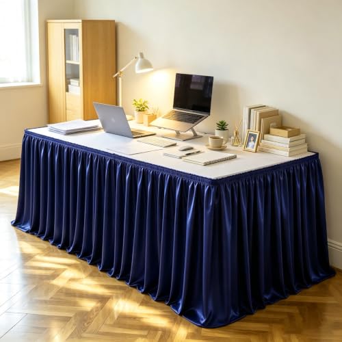 9ft Navy Blue Satin Table Skirt for Rectangular Tables - Wrinkle Resistant