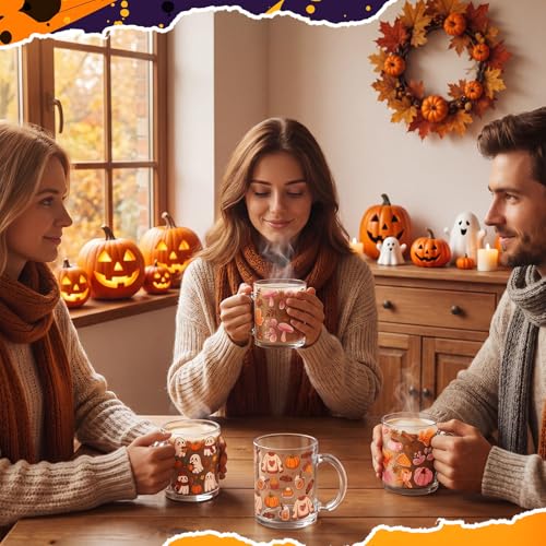 Fall Coffee Mug Set - 4 Pcs 12 oz Pumpkin & Leaf Harvest Glass Cups - Variation Leaf