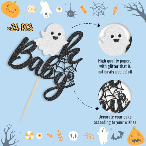 24Pcs Halloween Baby Shower Cupcake Toppers - Spooky Ghost Theme Cake Decorations