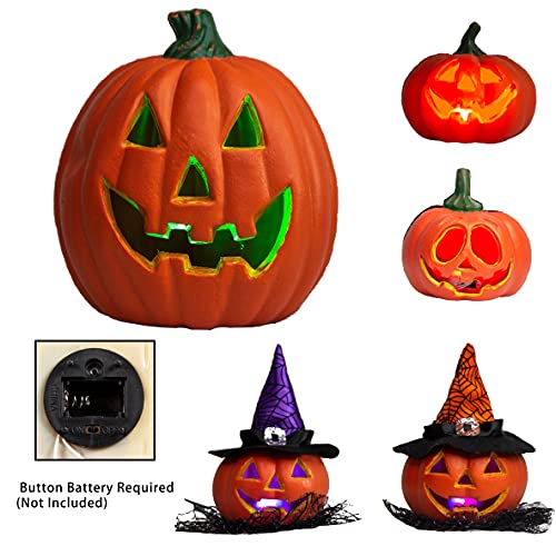 Halloween Light Up Pumpkin Decor Set - Plastic Jack O Lanterns for Indoor & Outdoor Halloween Decorations - Variation of Plastic Pumpkin LED Set