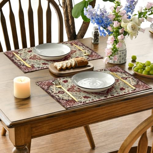 12x18 Inch Red Beige Boho Placemats Set of 4 - Rustic Farmhouse Table Decor