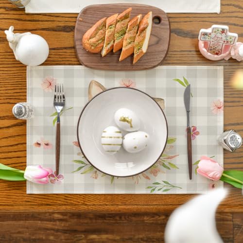 Easter Bunny Rabbit Ears Buffalo Plaid Placemats Set of 6 - 12x18 Inch Seasonal Table Decor Beige
