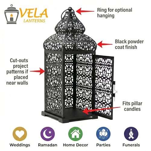 11-Inch and 15-Inch Black Moroccan Candle Lantern Set of 2 - Indoor Decorative Lanterns with Filigree Cutouts