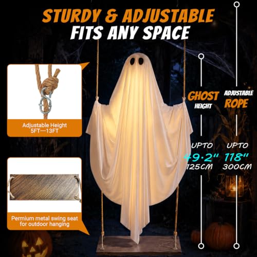 5FT Outdoor Hanging Ghost Swing with LED Lights, Adjustable & Timer