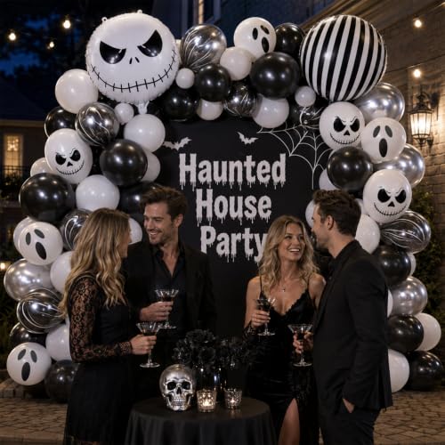 Halloween Balloons Set Black White Silver Skull Ghost 12 Inch 35pcs - Spooky Party Decorations