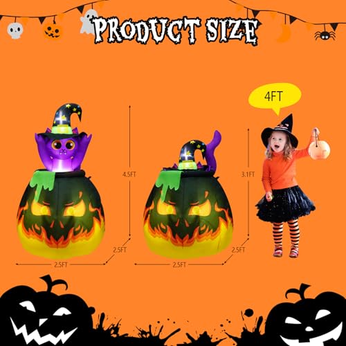 Halloween Inflatable Witch Cat in Cauldron - 4.5FT Outdoor Yard Decor with LED Lights