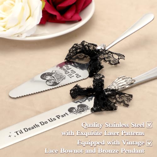 Gothic Wedding Cake Knife & Servers Set with Skull & Black Lace Design