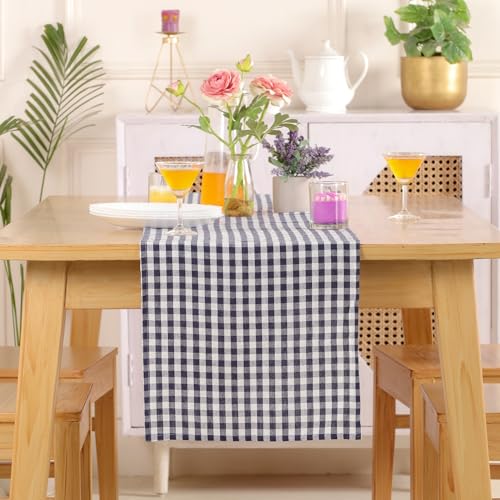 Halloween Check Plaid Table Runner - Linen Blend, 14x108 Inch, Blue and White - The Art Box