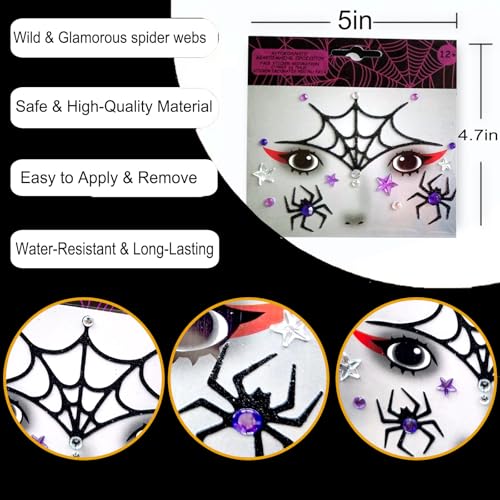 Halloween Glitter Spider Face Sticker - Black Spider & Web with Gems, Waterproof & Self-Adhesive, for Makeup & Cosplay - Black Variation