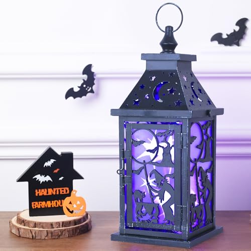 Halloween Indoor & Outdoor Lantern with Witch, Bat & Cat Variation - 14.9" Spooky Candle Decor with 82" LED Lights