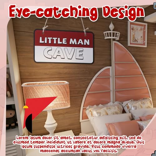Wooden Little Man Cave Sign - Red & White Door Decor, 11.8 x 6 Inches