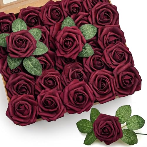 Artificial Rose Flowers 50PCS Foam Roses with Leaves for Wedding & Party Decor - Red