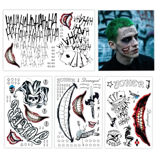 Joker Temporary Tattoos Set - 4 Sheets Black Red Suicide Squad Cosplay