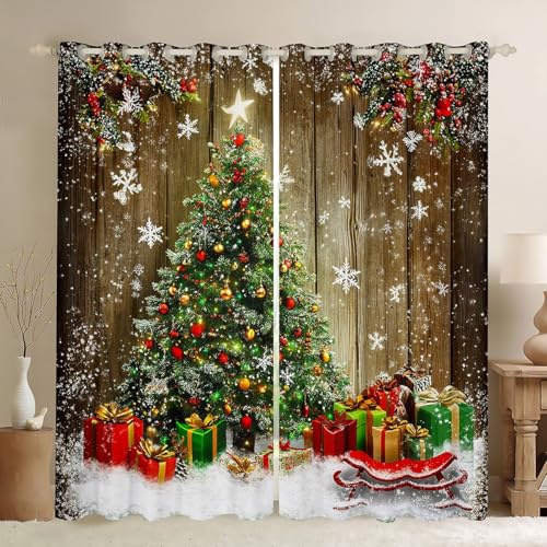 Blackout Christmas Tree Curtains Set - Snowflake Pattern, 42x84 Inches, Red Green Brown White, 2 Panels