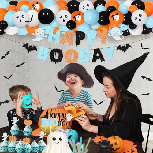 Halloween Birthday Balloon Garland Kit with Cake Toppers & Stickers for Kids Party