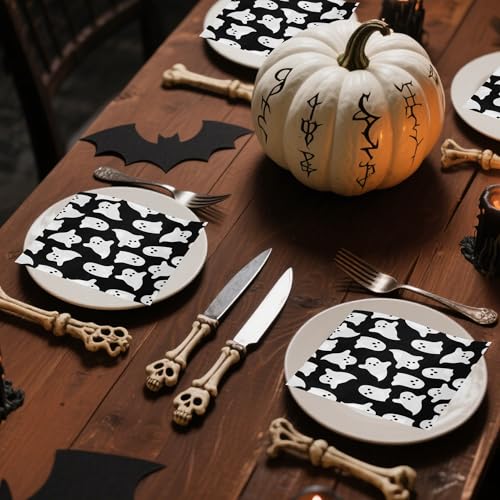 Halloween Ghost Paper Napkins - Black & White, 100 Pack, 6.5 Inch