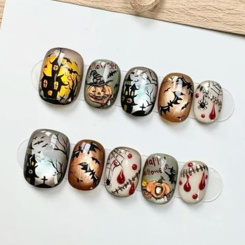 Halloween Short Press-On Nails Square Y2K Gothic Theme Fake Nails with Bat Pumpkins Spider Web Ghost Bat Pattern Style-13 - 24PCS