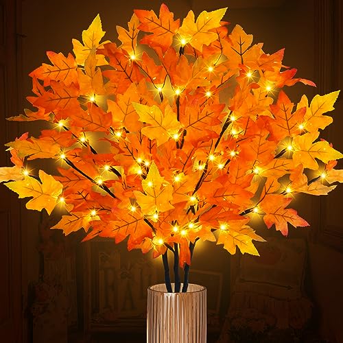 Orange 3-Piece Lighted Maple Branches with Timer - Fall Autumn Decor