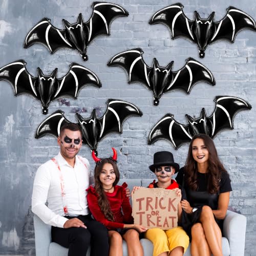 Black Bat Foil Balloons - Giant Halloween Bat Decorations, 6 Pack with Hanging Ribbons - Variation: Black Bat