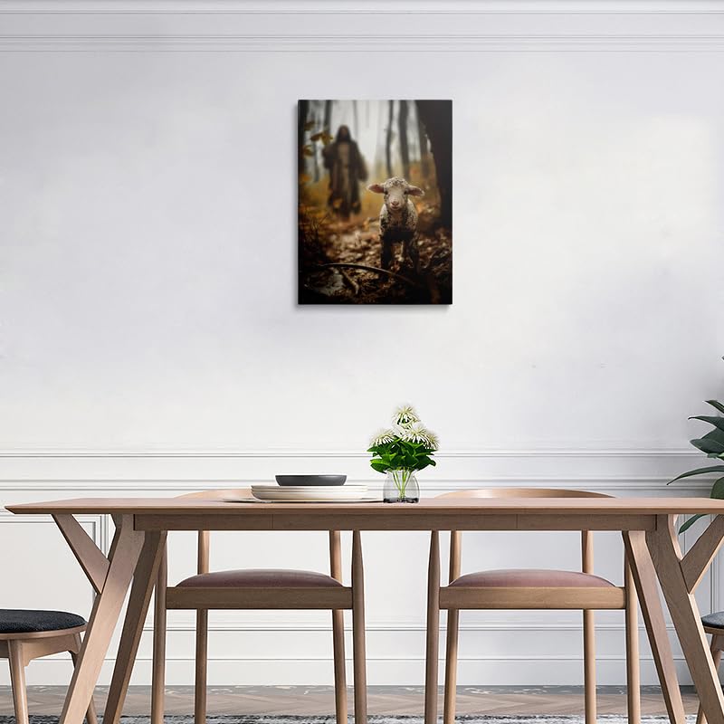 Jesus Shepherd Wall Art Canvas - Jesus Running After Lost Lamb 24x16 Inches - Christian Home Decor