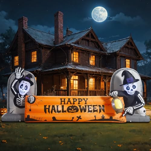 10FT Halloween Inflatable Skeleton Tombstone Banner with LED Lights Yard Decor