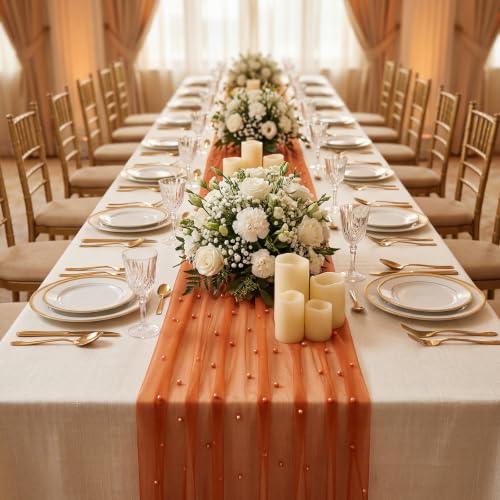 Orange Fall Gauze Pearl Table Runner 10ft Set for Holiday & Event Decor