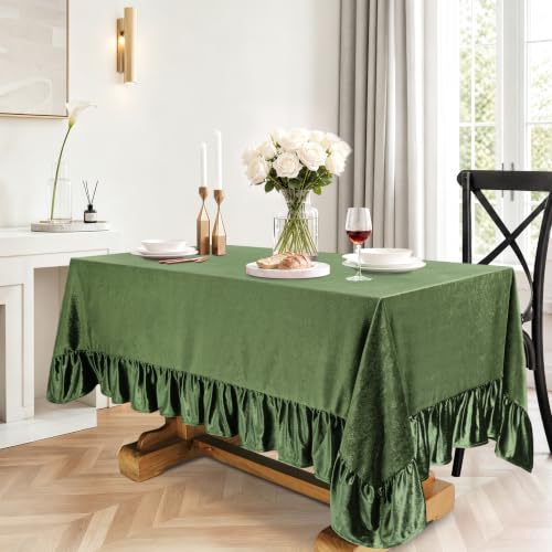 Velvet Tablecloth 60x120 Inches - Olive Green Ruffled Rectangular Holiday Decor