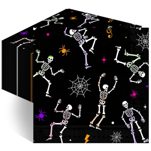 Multicolor Skeleton Halloween Paper Napkins 6.5 Inch - 45 Pack Party Supplies