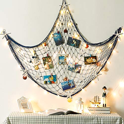Large Blue Fish Net Wall Decoration with Colorful Sea Shells and Starfish - Mediterranean Nautical Style