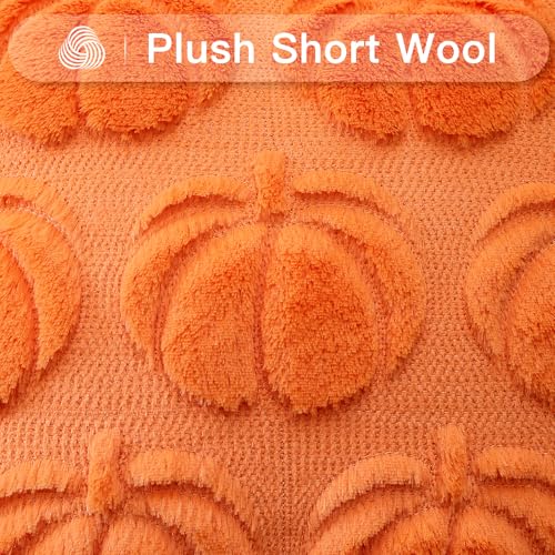 Fall Pumpkin Pillow Cover Set - Orange 16x16 Inch Wool Velvet Sofa Cushion