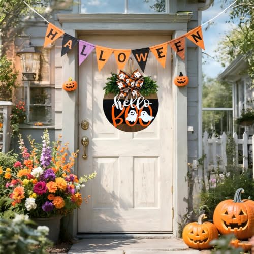 Halloween Ghost Wreath with Bow Decor - Fall Front Door Welcome