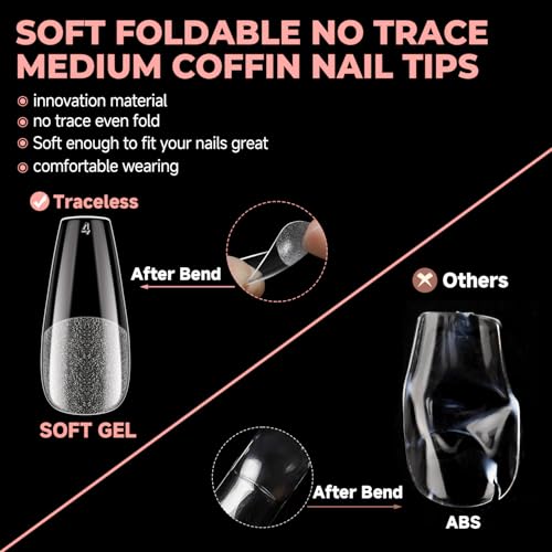 Medium Coffin Gel Nail Tips - Pre-buffed, No Filing, 504pcs, Half Matte Finish
