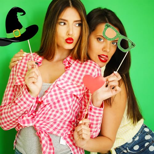 Pink and Green Halloween Party Photo Booth Props Set - Witch Theme Decorations