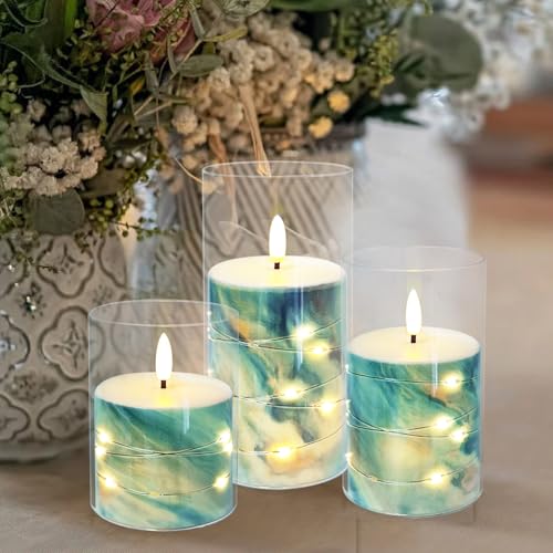 Blue Marble Flickering Flameless Candles with Star String Lights - Battery Operated, Remote Control, 3 Pack