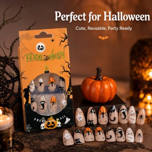 Halloween Pumpkin Ghost Spider Almond Press On Nails - Orange Pumpkin Black Spider Variation