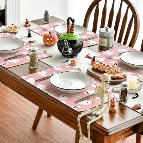 Pink Ghost Halloween Placemats Set of 4 - 12 x 18 Inch Rectangular, Spun Polyester
