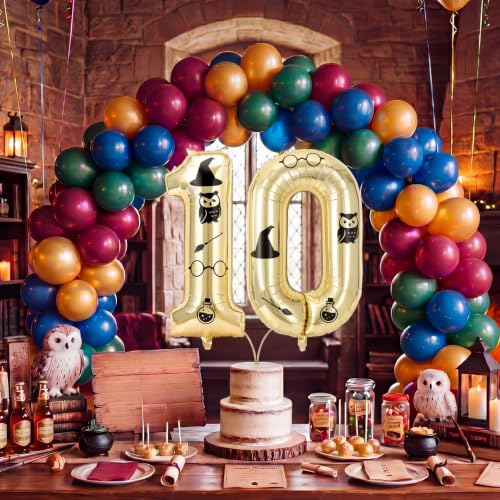 40 Inch Gold Foil Wizard Number 10 Balloon Birthday Decor with Stickers - Magic Theme