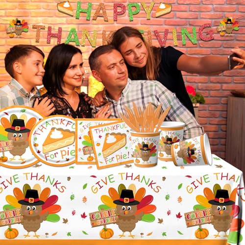 Thanksgiving Party Tableware Set - 142pcs Turkey Plates Napkins Cups Decor