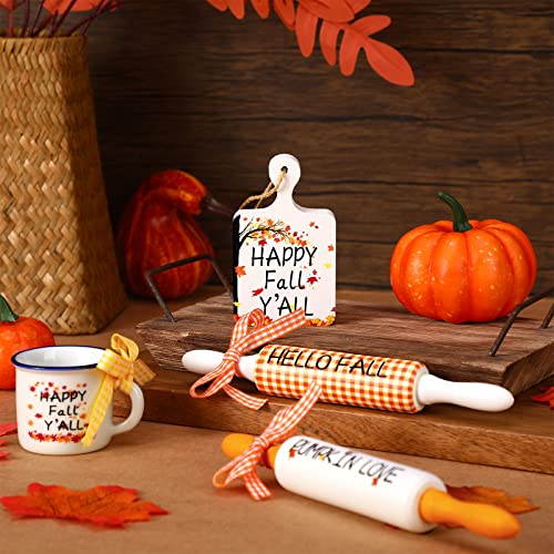 Fall Tiered Tray Decor Set - Mini Rolling Pins, Autumn Signs & Mug - Fall Style