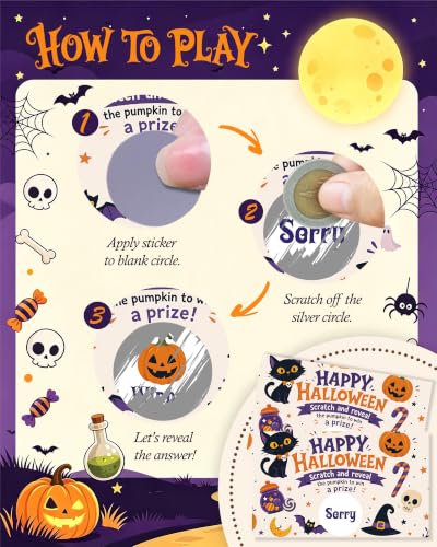 Halloween Scratch Off Cards - Pumpkin Ghost Theme, Black Cat Variation, 50 Pack