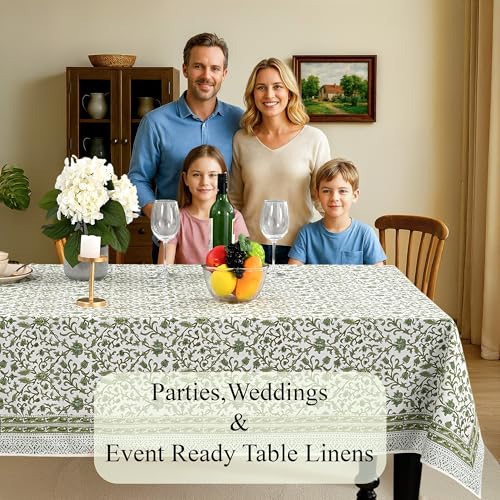 Meadow Vine Cotton Tablecloth 60x90 Inch - Indian Block Print Rectangular Cover - Perfect for Weddings & Holidays