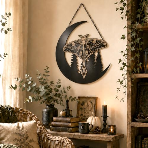 Gothic Luna Moth Wall Art Decor Halloween Moon & Forest Scene 12 Inch