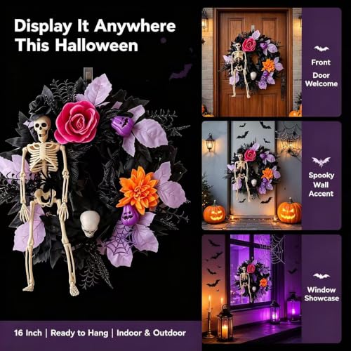 Halloween Skeleton Wreath for Front Door - 18-Inch Haunted House Decor - Variation A