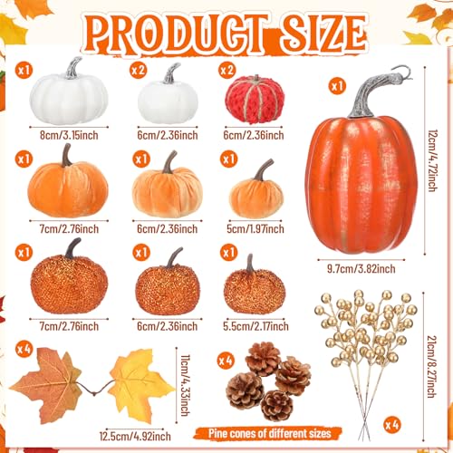 Artificial Fall Pumpkin Set with Maple Leaves Pinecones for Thanksgiving Decor - 24 Pcs