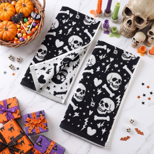 Halloween Skull Hand Towels Set - Black and White Cotton Bathroom Decor