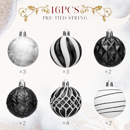 Christmas Ornaments Set - 16 Black & White Shatterproof Balls for Xmas Tree Decoration
