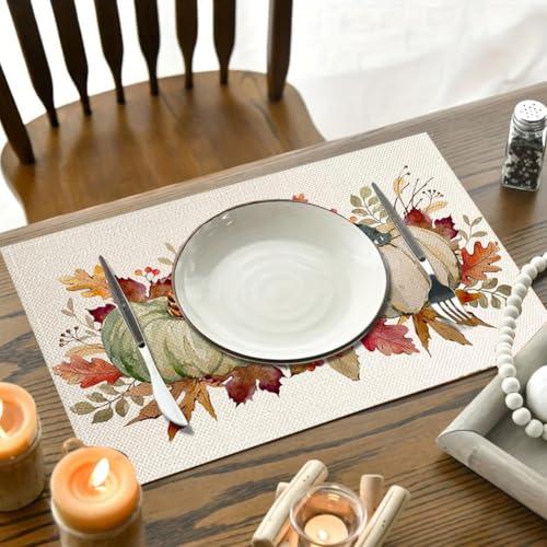 Orange Fall Leaves Pumpkins Placemat Set of 4 - Durable Polyester Table Decor