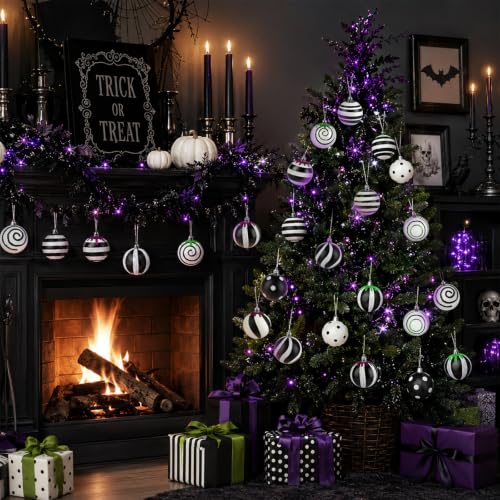 Black and White Halloween Christmas Ornament Set - 24 Pcs 2.36 Inch Holiday Decorations